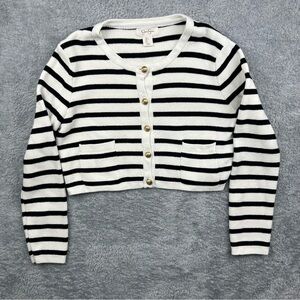 Jessica Simpson Nautical Striped Cardigan Gold Buttons Coastal Quiet Luxury Sz L